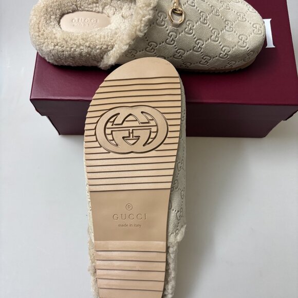 Horsebit Gucci GG Suede Shearling Mules - Picture 5 of 6